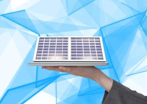 Solar panel on hand technological blue and white background 스톡 사진