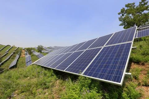 Solar panel on the hillside Stock Photos