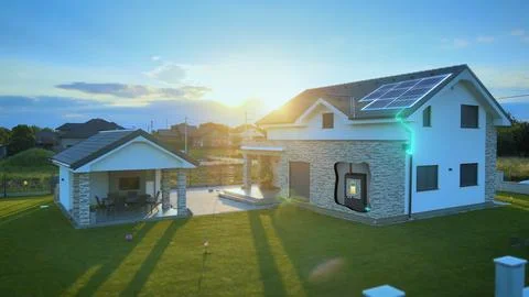 Solar panel home installation idea, digital computer graphics Stock Photos