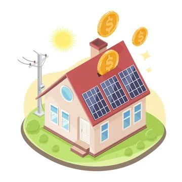 Solar panel house money saving electricity bill cartoon concept isometric Illustrazione stock