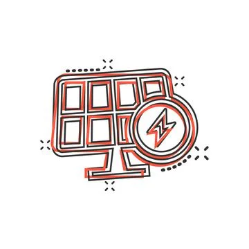 Solar panel icon in comic style. Ecology energy cartoon vector illustration o Illustrazione stock