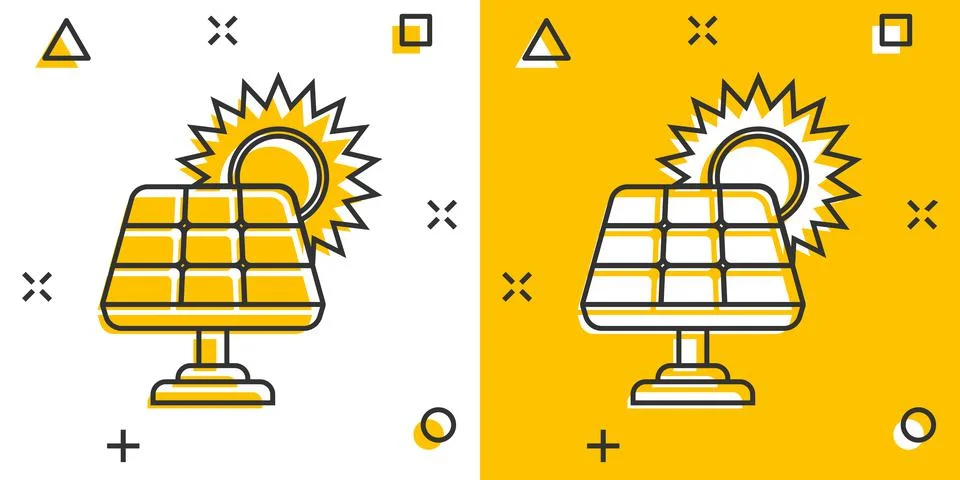 Solar panel icon in comic style. Ecology energy cartoon vector illustration o Illustrazione stock