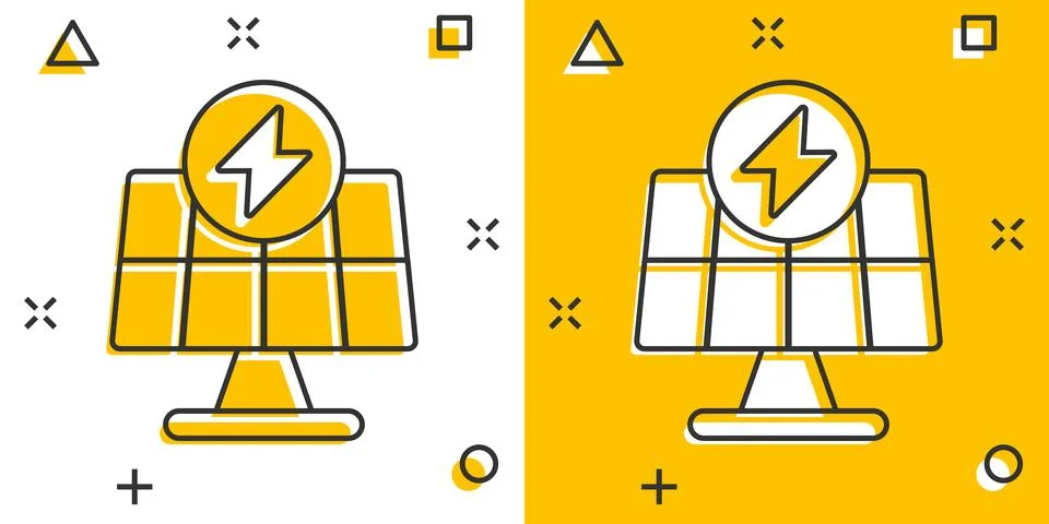 Solar panel icon in comic style. Ecology energy cartoon vector illustration.. Stock Illustration