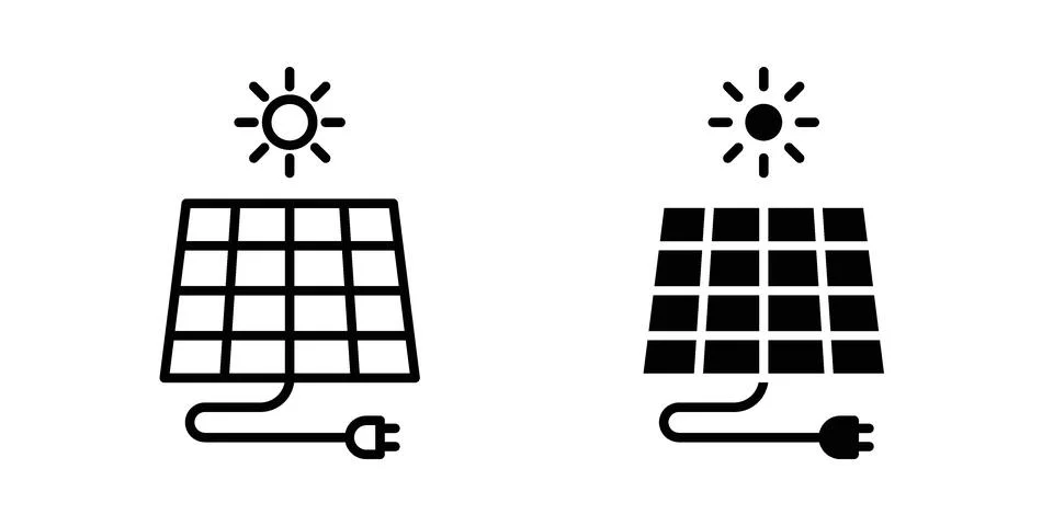 Solar panel icon linear versions pack on white background Stock Illustration
