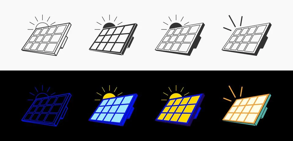 Solar Panel Icon Set with Colorful and Line Art Vector Variations Stock Illustration