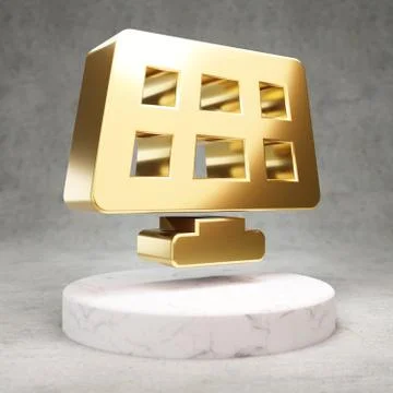 Solar Panel icon. Shiny golden Solar Panel symbol on white marble podium. Stock Illustration