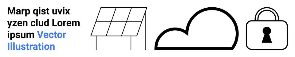 Solar panel icon, stylized cloud, and padlock icon represent themes of renewa Stock Illustration