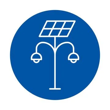 Solar Panel Icon with Two Light Fixtures on Blue Background Stock Illustration