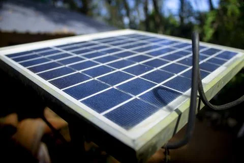 Solar panel image with sky background. Solar panel closeup view. Beautiful im Stock Photos