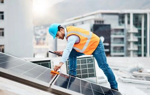 Solar panel, inspection and engineering with man for renewable energy, project Stock Photos