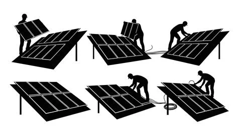 Solar Panel Installer Silhouette Set Stock Illustration