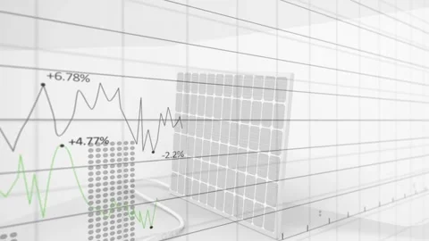 Solar panel leaning in tile corner, scene brightening and line graphs rising Stock Footage 331161362