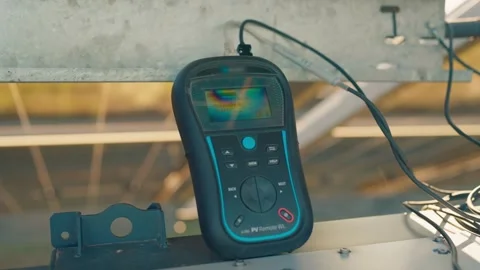 Solar panel maintenance diagnostics using a professional remote data logger.. Stock Footage 337597855
