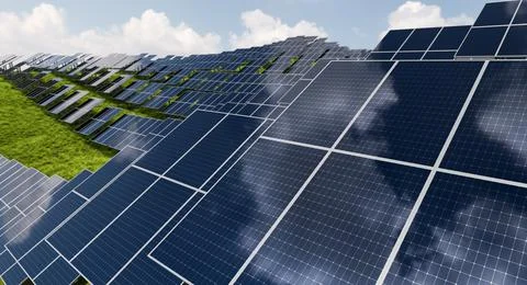 Solar panel modules in a field against a background of green grass. Ground .. Stock Photos