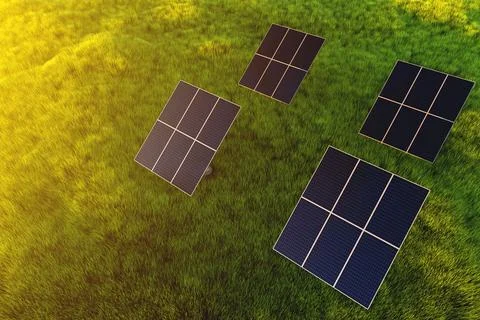 Solar panel modules at sunset in a field against a background of green gras.. Stock Photos