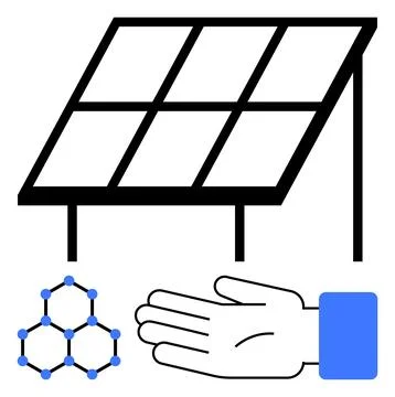 Solar Panel with Molecular Structure and Hand Gesture Emphasizing Renewable.. Stock Illustration