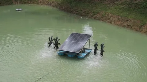 Solar panel mounted on floating platform with paddle wheel aerators that churn Stock Footage 285381672