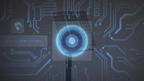 Solar panel mounted on pole receiving sensor input, blue HUD scanning cells Stock Footage 331821046