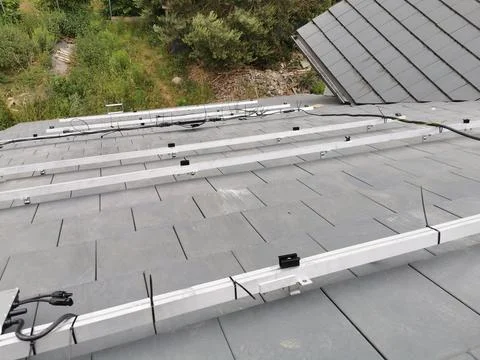 Solar panel mounting structure with microinverters Stock Photos