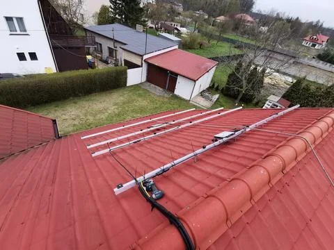 Solar panel mounting structure with microinverters Stock Photos