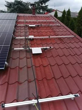 Solar panel mounting structure with microinverters Stock Photos