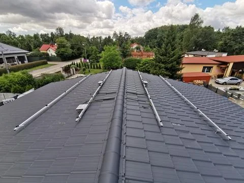 Solar panel mounting structure with microinverters Stock Photos