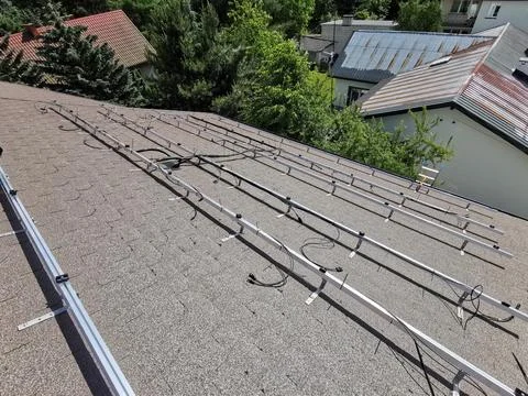 Solar panel mounting structure with microinverters Stock Photos