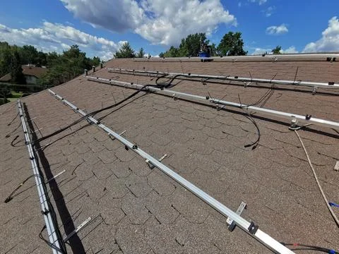 Solar panel mounting structure with microinverters Stock Photos