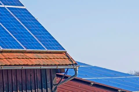 Solar panel on old barn Stock Photos