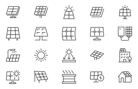 Solar panel outline icon set. Sun power photovoltaic PV home system and ren.. Stock Illustration