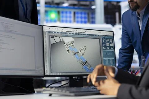 Solar panel plant manager checking progress done by programmer, close up Foto stock