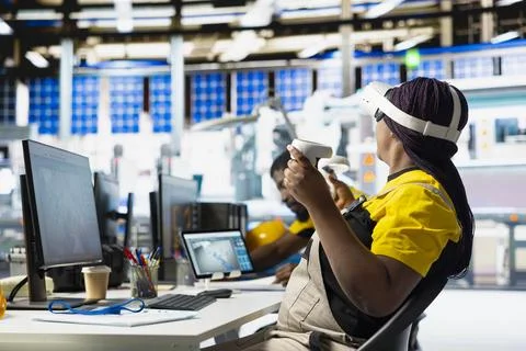 Solar panel plant technician using VR goggles to build generators Stock Photos