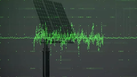 Solar panel on pole staying static, data feed building green waveform and power Stock Footage 332981267