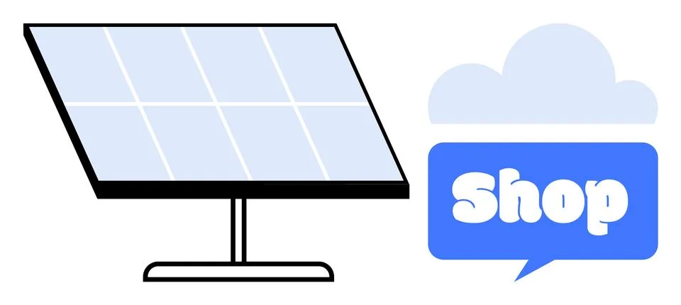 A solar panel is positioned beside a blue cloud-shaped sign with the word Sho Stock Illustration