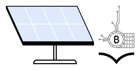 Solar Panel Producing Blockchain Technology Energy for Cryptocurrency Mining Stock Illustration