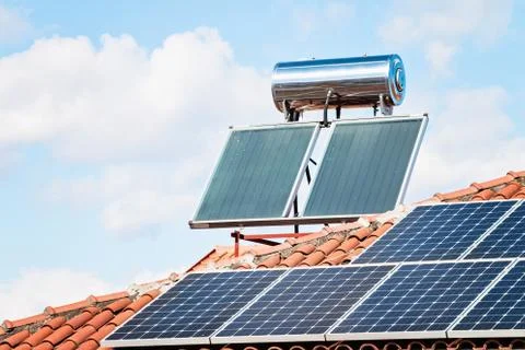 Solar Panel On A Red Roof Stock Photos