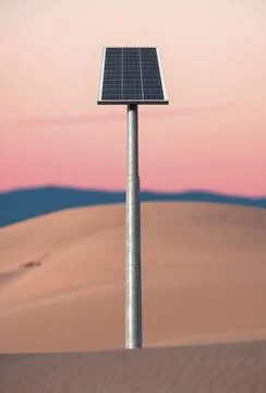 A Solar Panel In A Remote Location In A Desert, At Sunset 库存照片