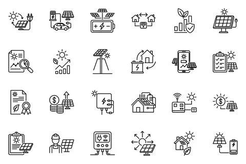 Solar panel renewable eco energy green electricity line icon set Stock Illustration