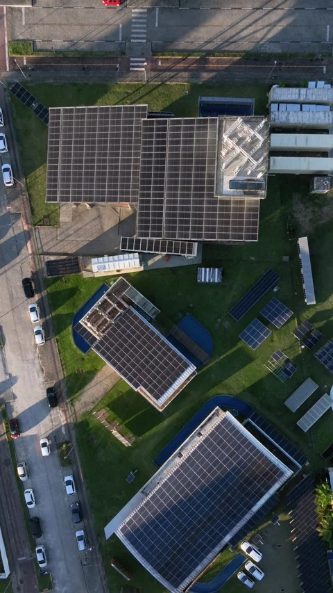 Solar Panel Research and Innovation Facility, Florianopolis, Aerial View Stock Footage 344441669
