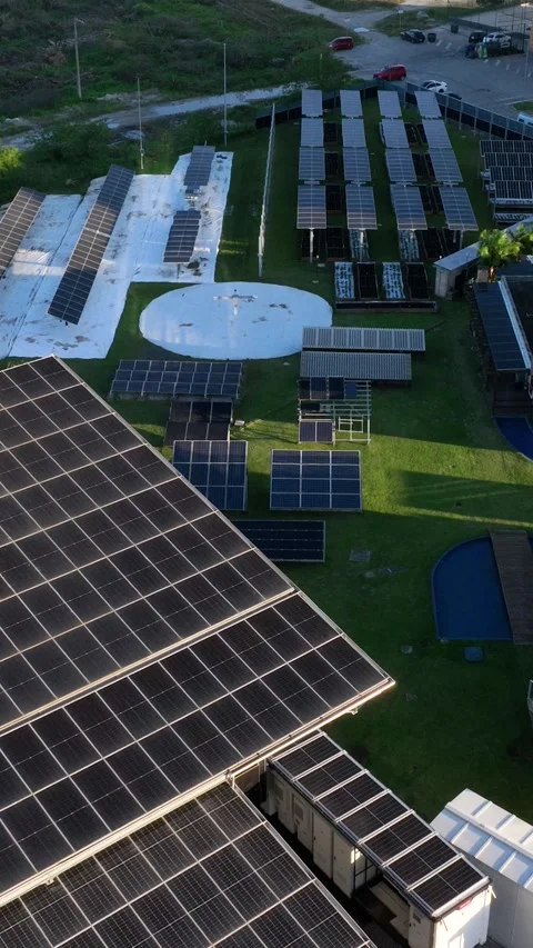 Solar Panel Research and Innovation Facility, Florianopolis, Aerial View Stock Footage 344442753