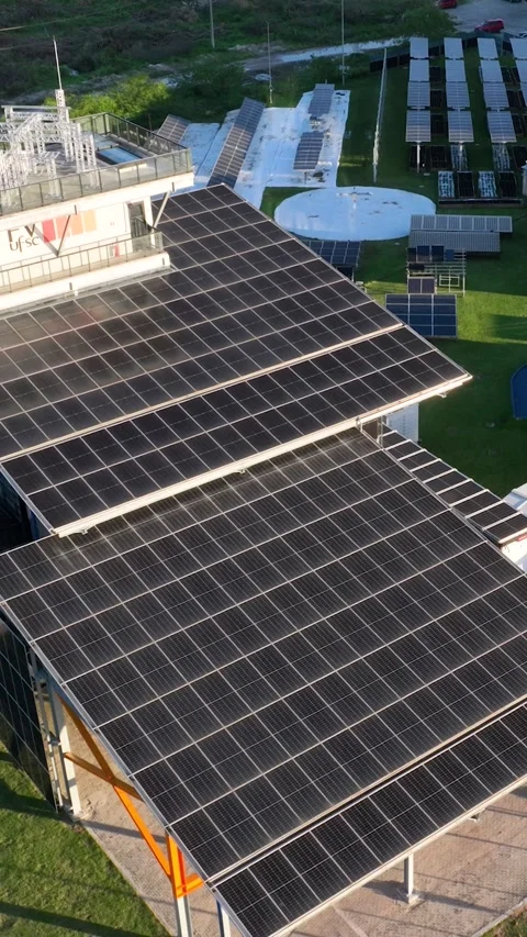 Solar Panel Research and Innovation Facility, Florianopolis, Aerial View Stock Footage 344443009