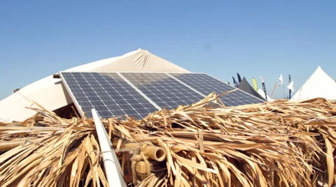 Solar Panel on the Roof of Straw. Stock Footage 66307909