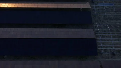 Solar panel rows top down aerial with photovoltaic array geometry and sunset Stock Footage 335185949