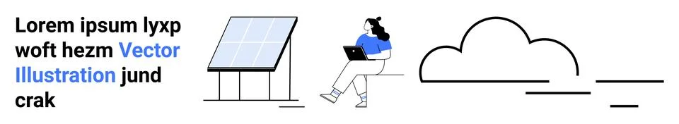 Solar panel setup, person working on laptop, and cloud icon. Ideal for techno Stock Illustration
