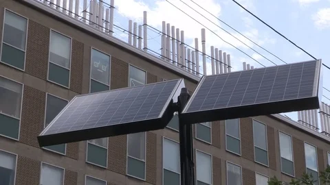 Solar panel smokestacks and sunny sky Stock Footage 78522592