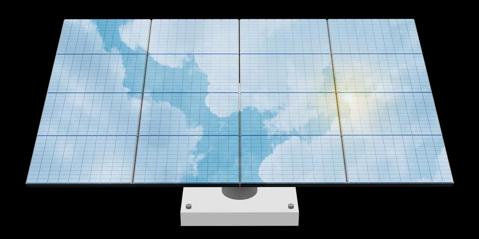 Solar panel solar energy reflection with sky and clouds 3D illustration Stock Illustration