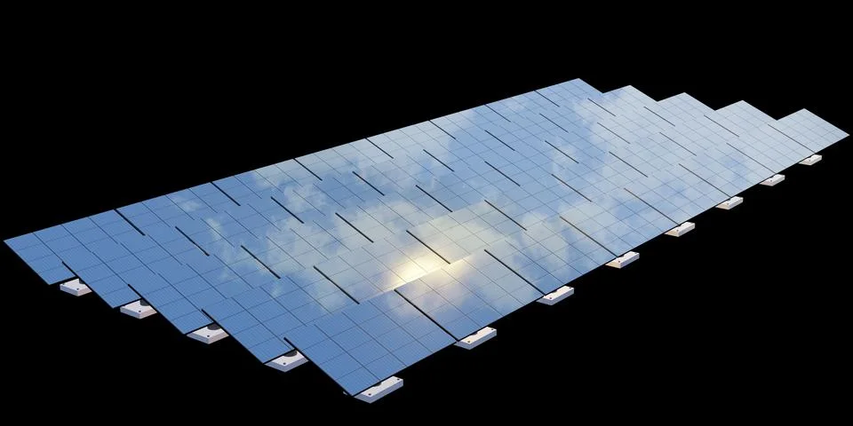 Solar panel solar energy reflection with sky and clouds 3D illustration Stock Illustration
