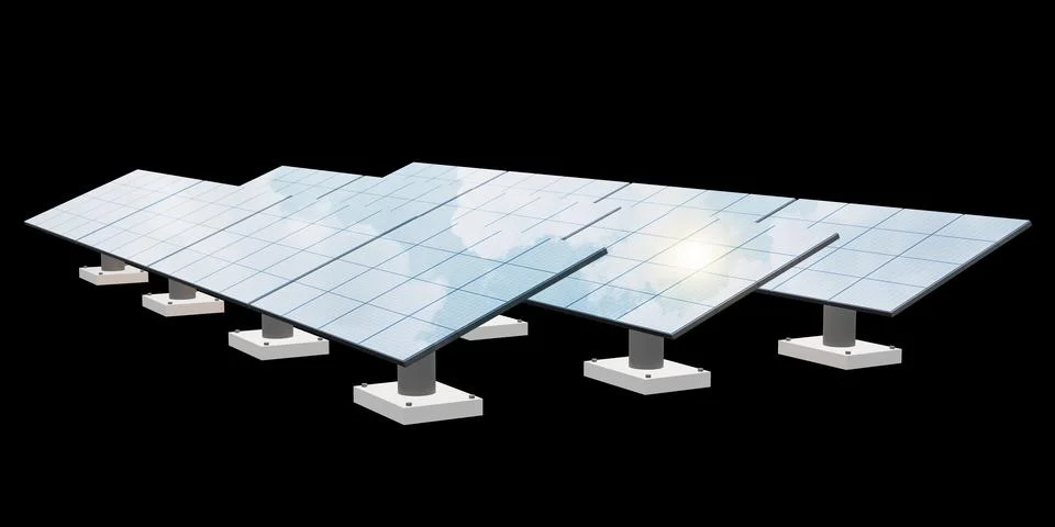 Solar panel solar energy reflection with sky and clouds 3D illustration Stock Illustration