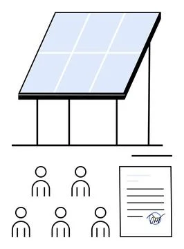 Solar panel on a stand, human figures below, and a signed document. Ideal for Stock Illustration
