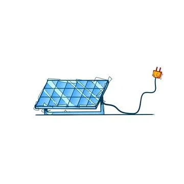 Solar Panel on Stand with Power Cable and Plug Hand Drawn Sketch Vector Stock Illustration